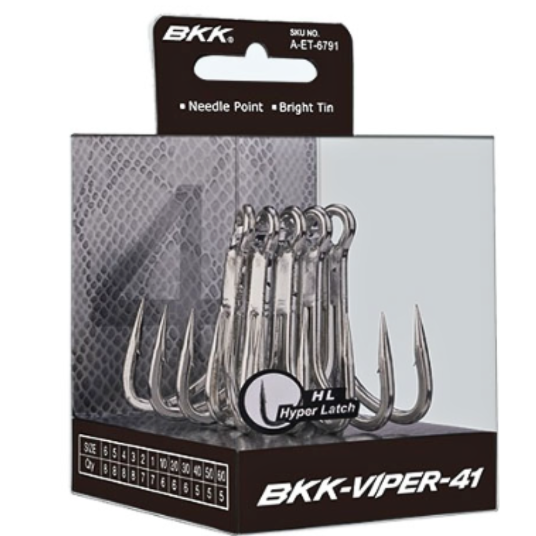 The Viper-41 is a strong and shiny 4x treble hook designed with long and straight needle points and a very aggressive bend, developed eyeing at topwater techniques.