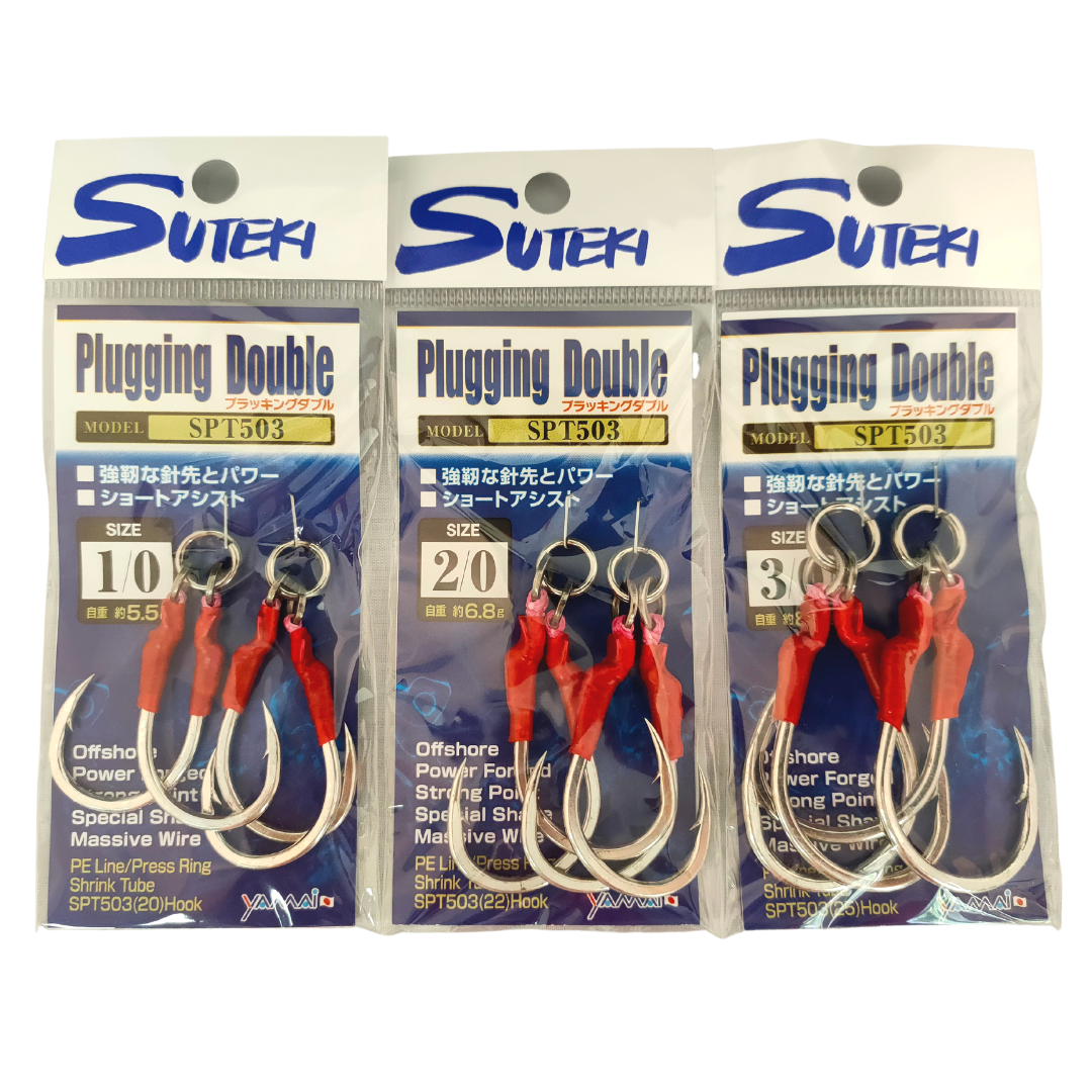 The SUTEKI YAMAI Plugging Single SPT503 are hooks mounted on a split ring intended for fishing for pelagics and other predators.