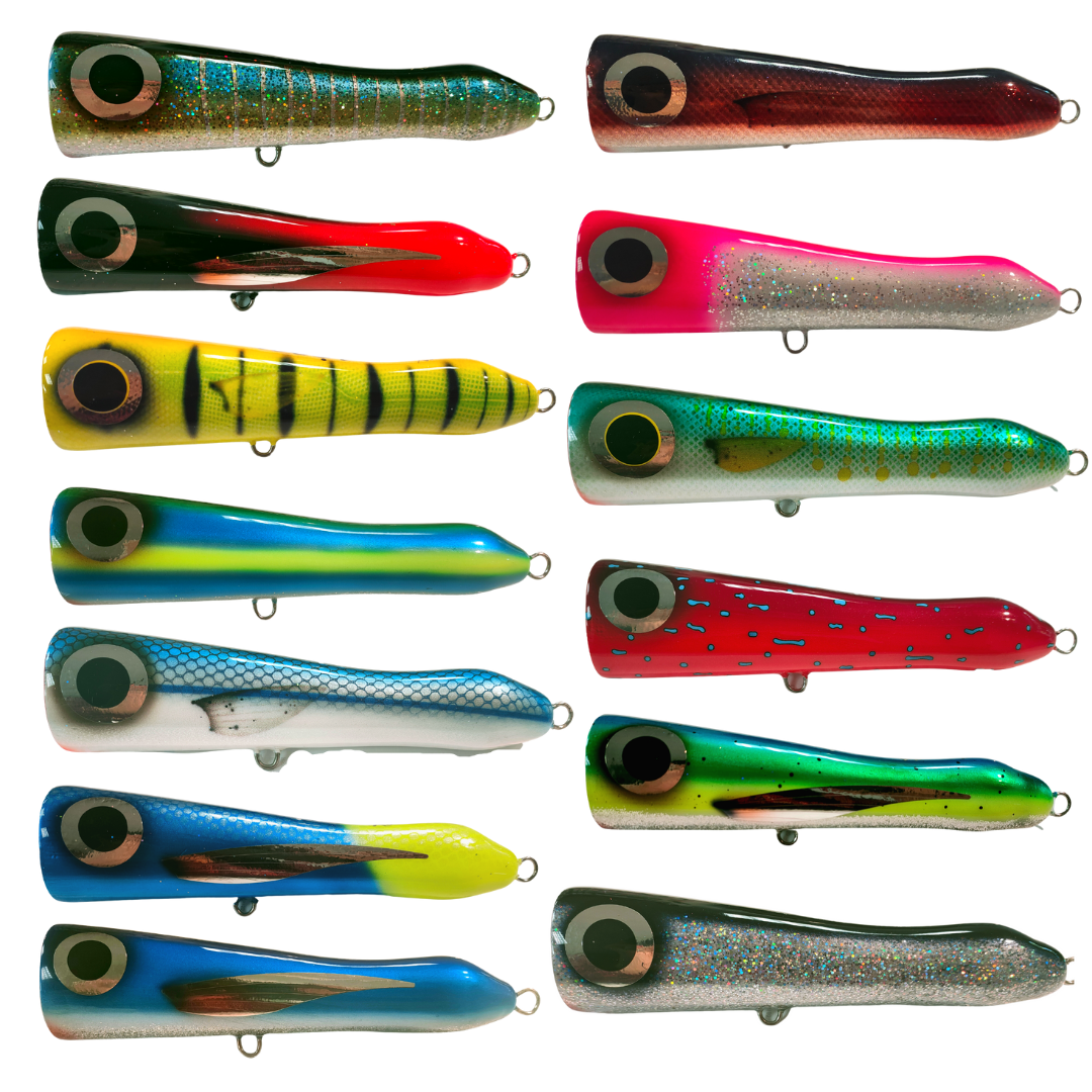 The WEST COAST POPPER ARCHIPELAGO GOLMAR 150g designed to make noise and bring fish up from the deep, the ideal popper for deep reef drop offs. 200mm long with asymmetrical cup of 52mm X 45mm.