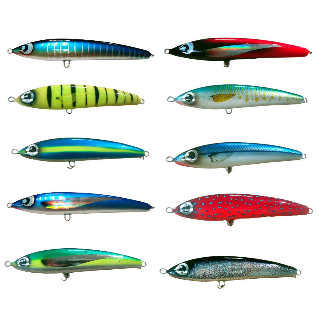 The ultimate in slow sinking stickbaits. 150g and 240mm long Easy to work, balanced to perfection with artwork to match and thick epoxy finish.
