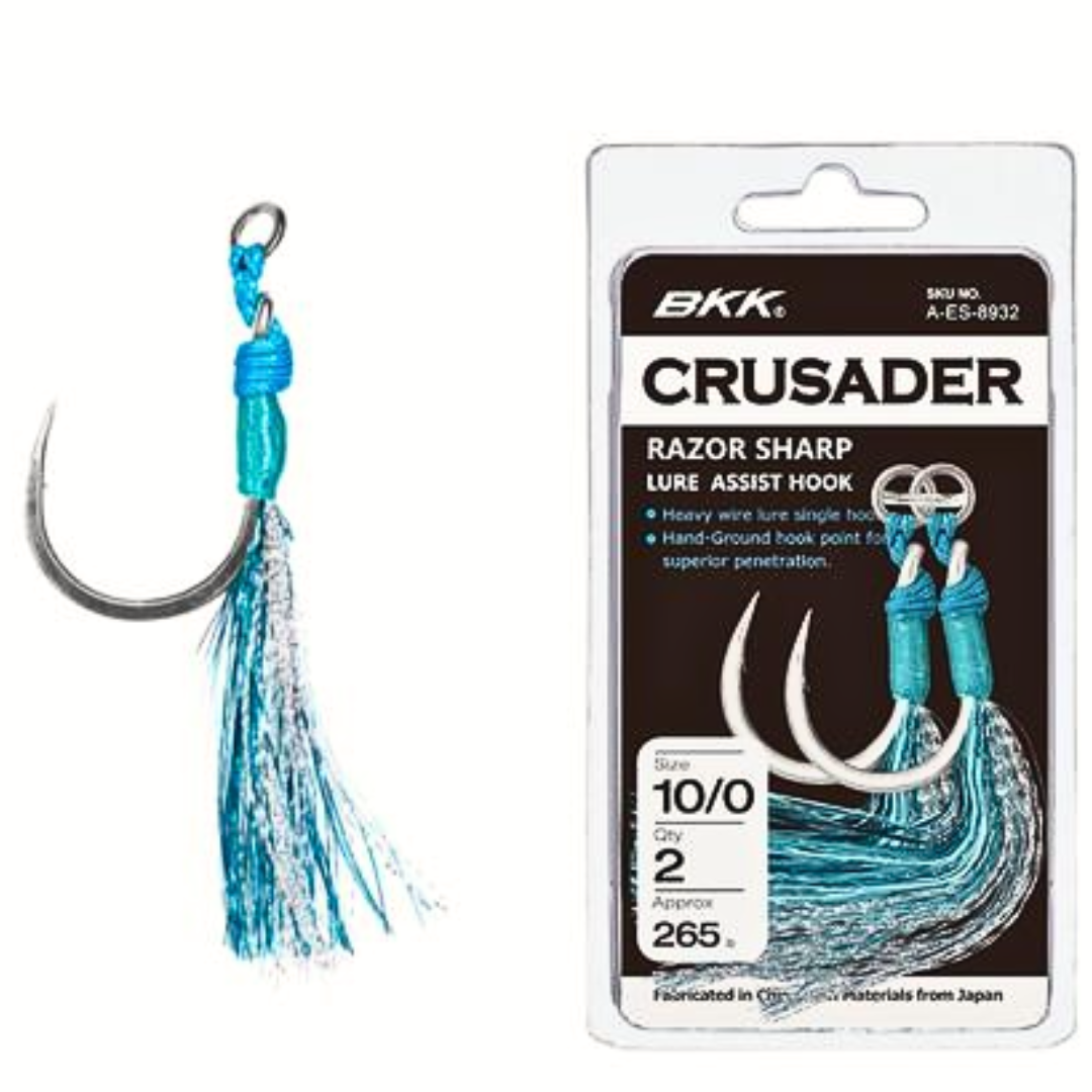 The BKK Crusader is an assist hook developed to cater to heavy-duty salt-water lure fishing and can be a performing alternative to common treble hooks, when reduction of torsional forces is most needed.