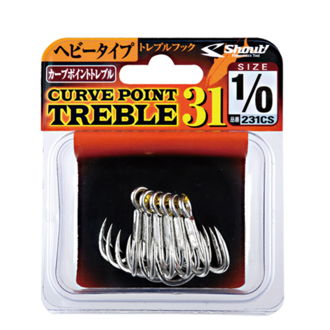 Shout Curve Point 31 treble hooks feature a strong inward-curved point and heavy-duty construction—perfect for saltwater fishing and targeting big game fish. High hook-up rate and durability guaranteed